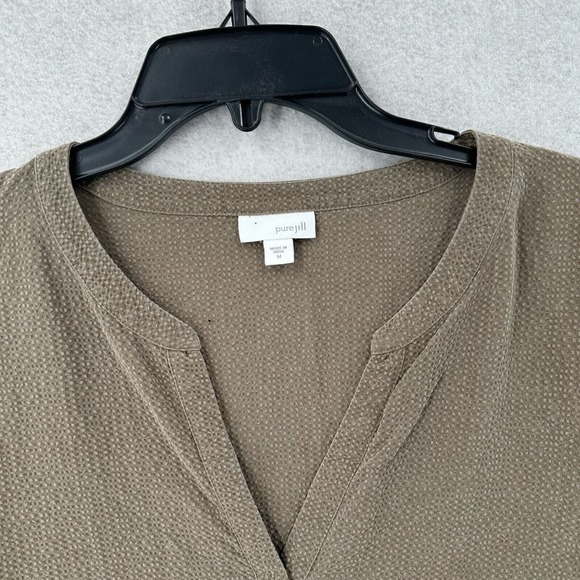 Pure J Jill Shirt Dress Women MEDIUM Taupe Textured Seersucker Laganlook Neutral - Picture 6 of 13